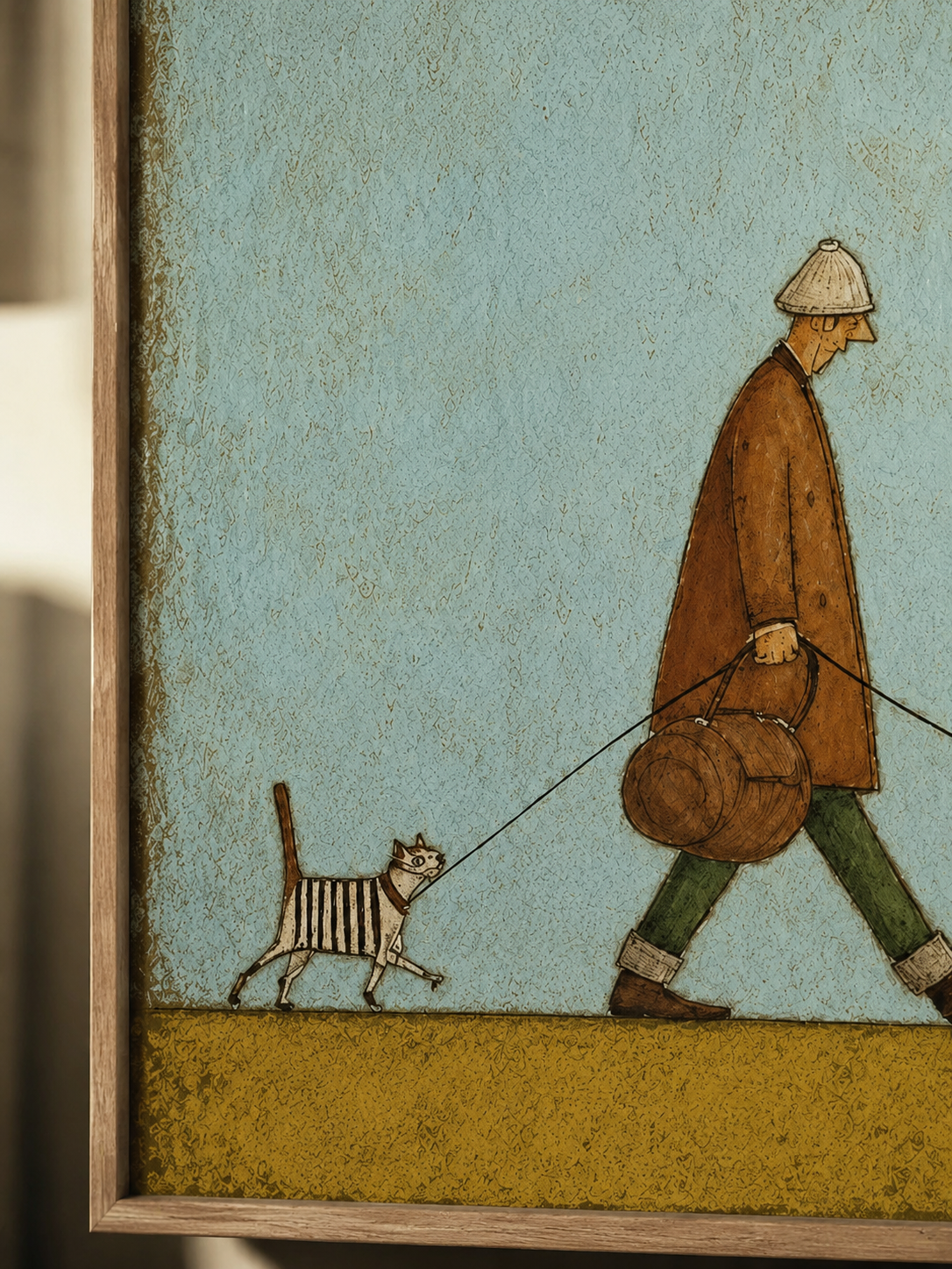 Vintage Style Oil Painting Of Man Walking Cat And Dog For Pet Lovers Home Decor