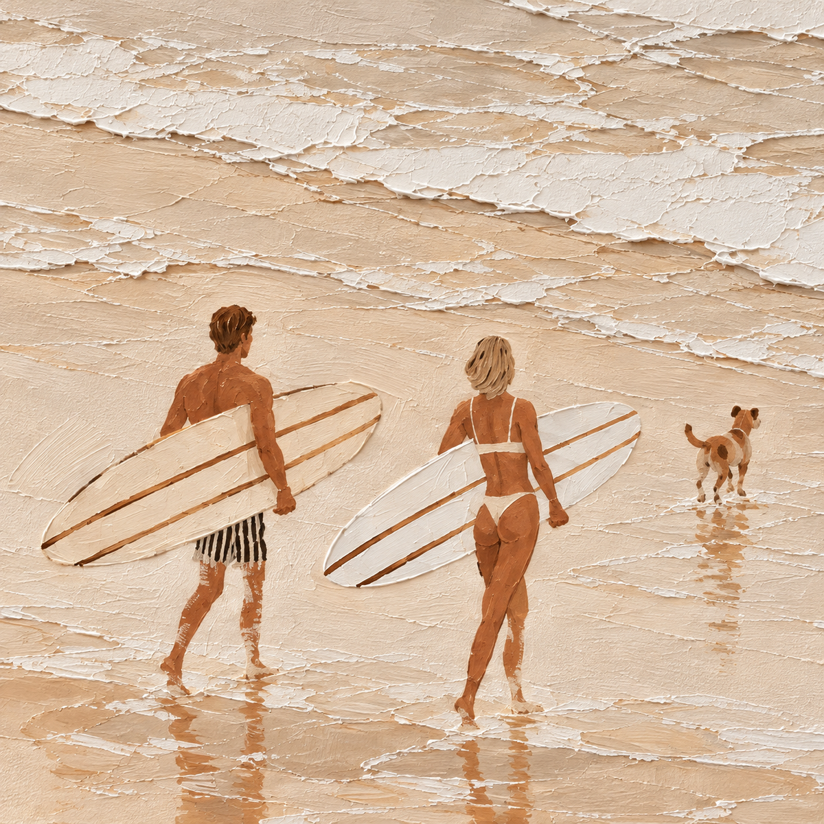 Neutral Cream Beach Canvas Art, Couple And Dog Surfing Wall Decor Surfboard Painting