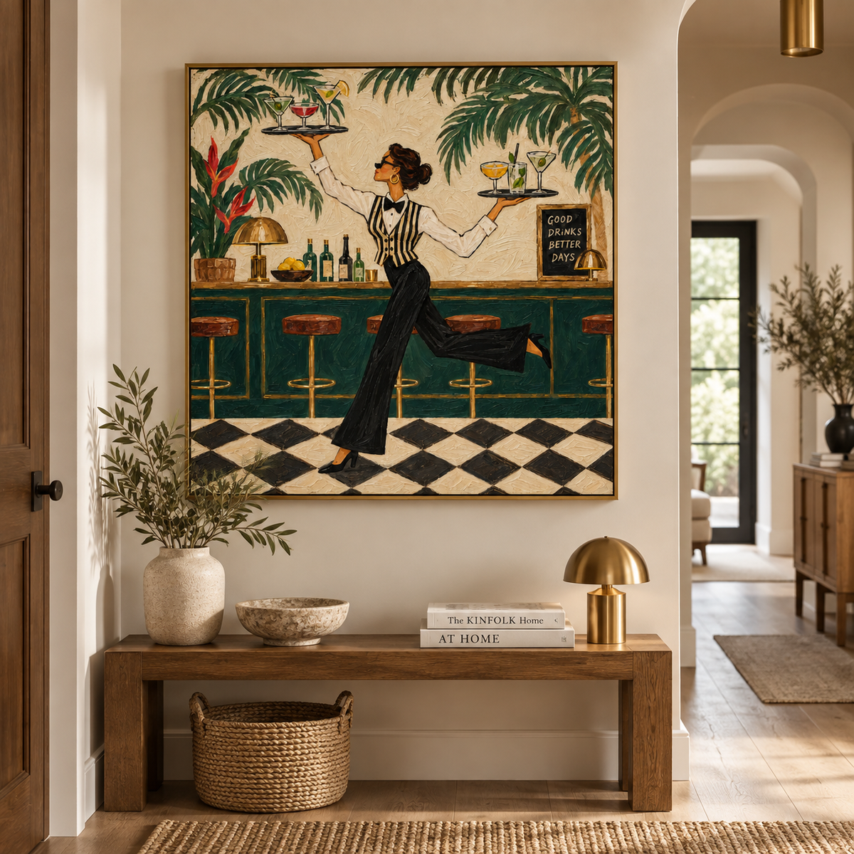 Stylish Bartender Canvas Painting With Cocktails And Tropical Plants For Home Bar Decor