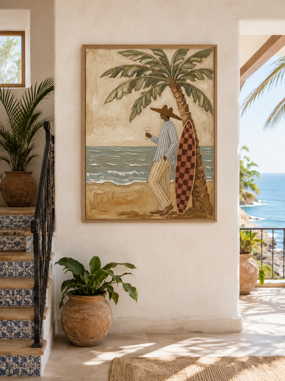Textured Beach Canvas Art With Palm Tree And Surfer For Coastal Living Room Decor