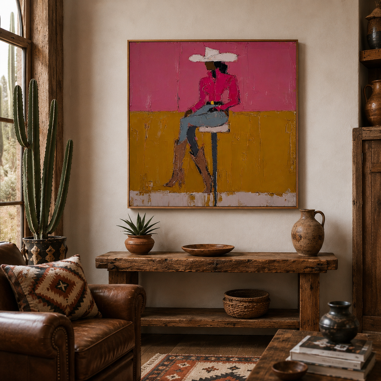 Modern Pink Cowgirl Oil Painting Abstract Fashion Figure Art For Living Room Decor
