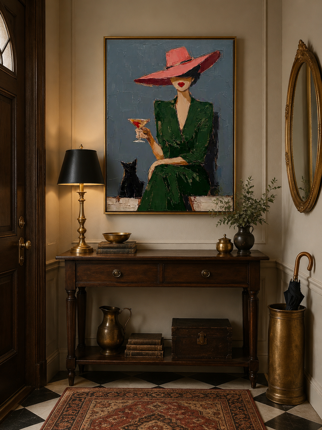 Stylish Woman In Green Dress With Red Hat Oil Painting For Modern Dining Room Wall Art Decor