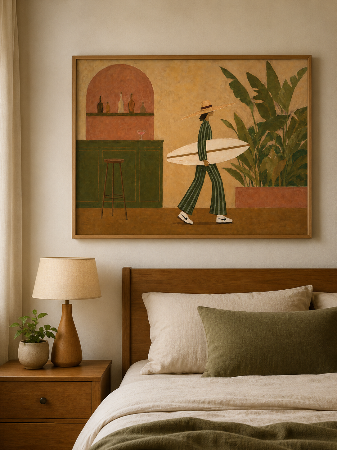 Surfer Girl Wall Art Surfer Woman Oil Painting, Surfboard Wall Art, Retro Coastal Bar Decor
