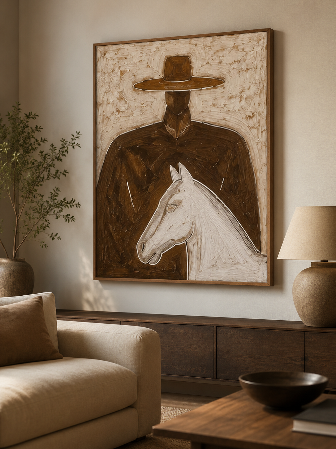 Modern Wabi Sabi Painting Of Man With Horse Brown Minimalist Wall Art