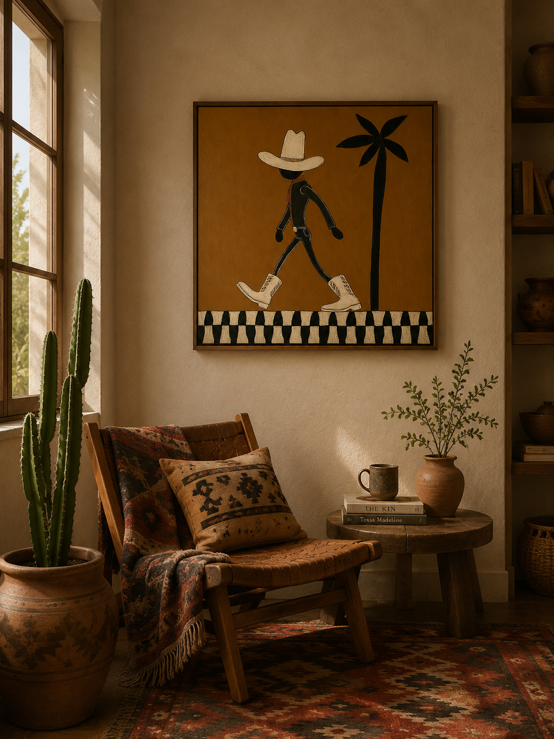 Vintage Cowboy Art With Palm Tree Minimalist Square Painting For Retro Home Decor