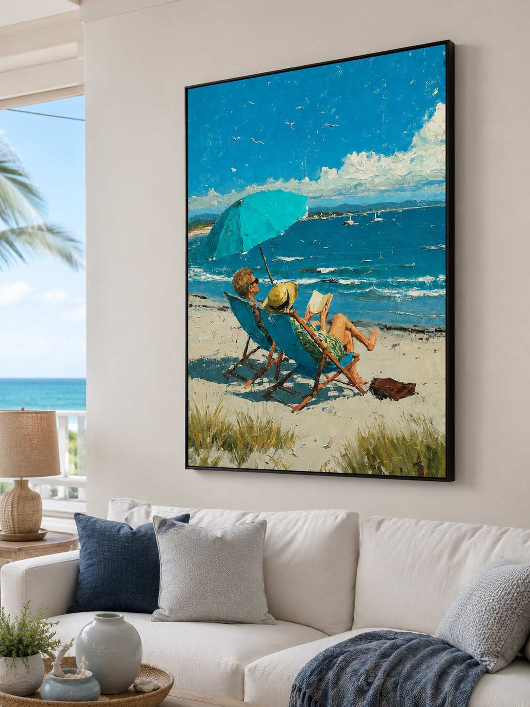 Original Beach Scene Oil Painting With Blue Sea And Umbrella For Coastal Living Room Wall Decor