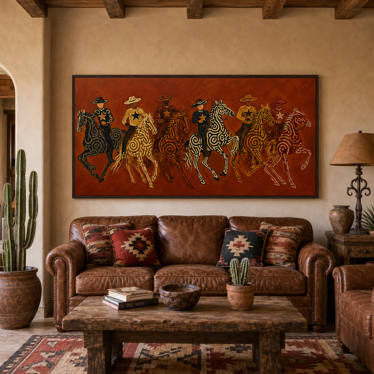 Panoramic Cowboy Horsemen Painting, Terracotta Western Riders, Rustic Ranch Wall Art