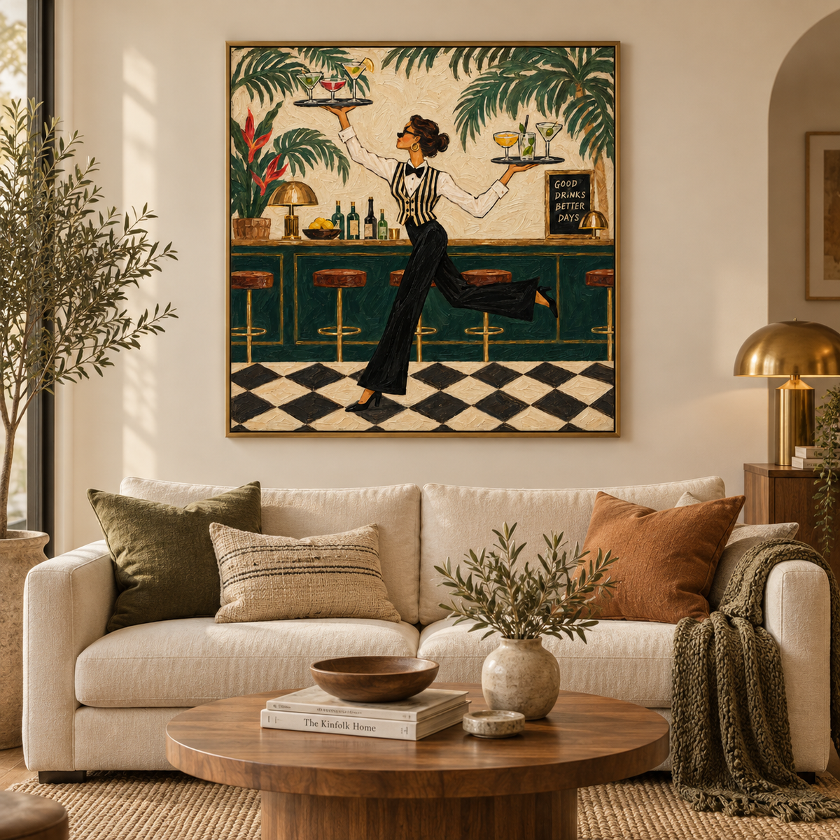 Stylish Bartender Canvas Painting With Cocktails And Tropical Plants For Home Bar Decor