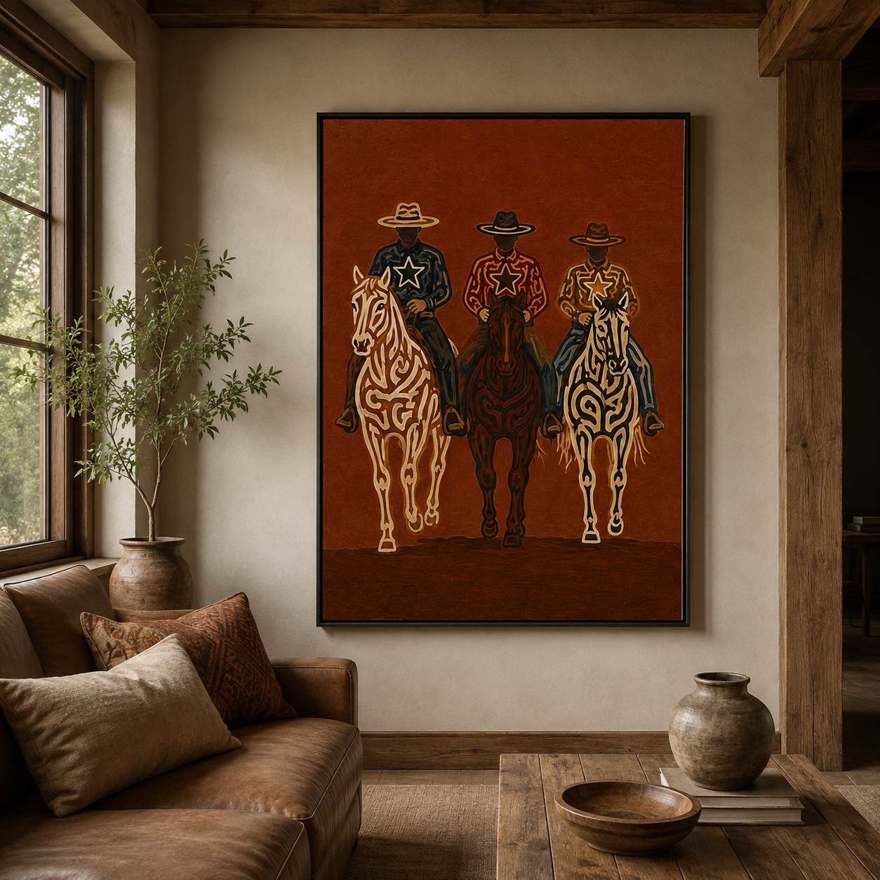 Vintage Three Cowboys Horse Painting, Western Ranch Riders, Rustic Southwestern Wall Art