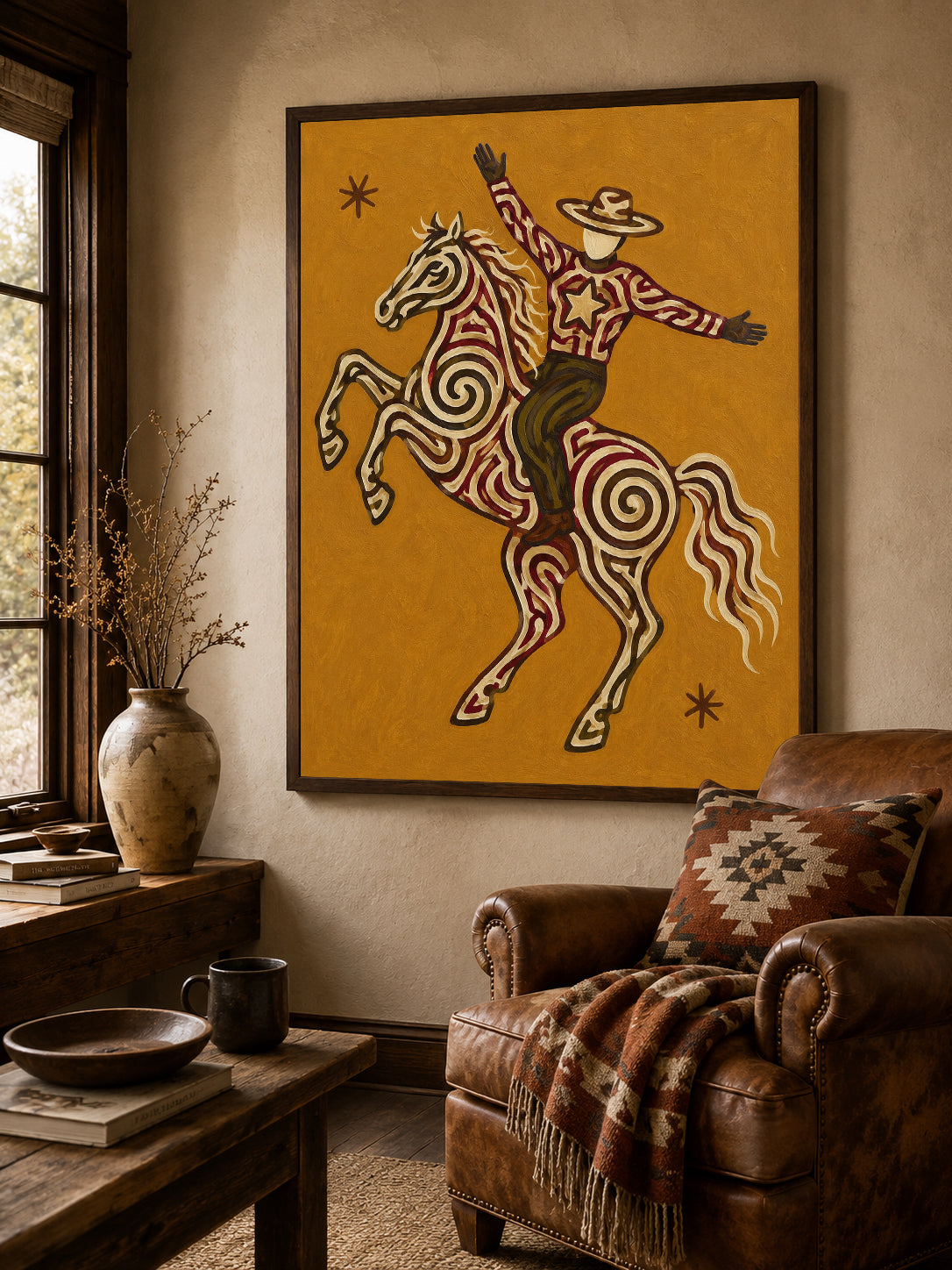 Vintage Western Wall Art, Ochre Cowboy Painting, Wild West Decor, Impasto Texture Canvas Art