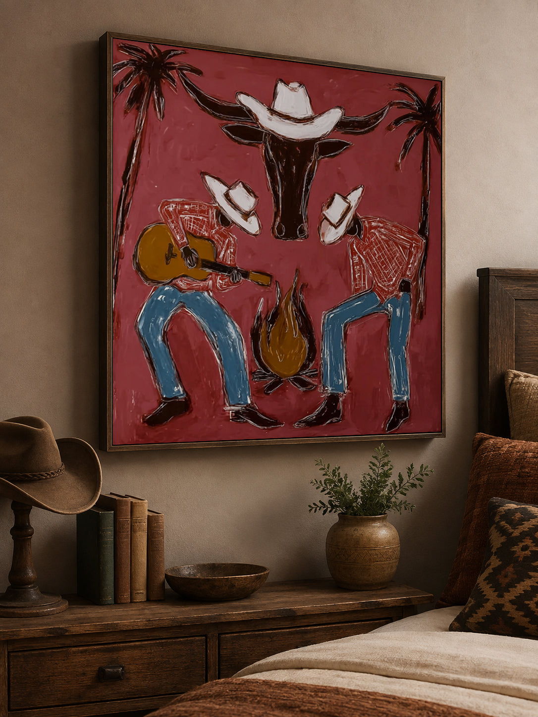 Cowboy Guitar Wall Decor Rustic Western Campfire Scene Canvas Painting For Living Room Decor