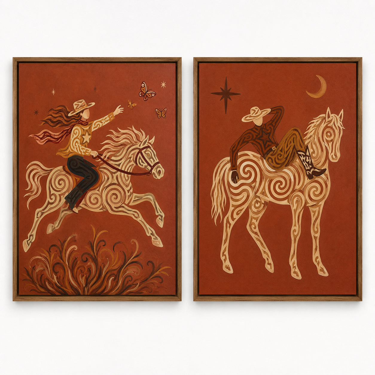 Western Cowboy Wall Art, Rustic Red Horse Canvas, Boho Equestrian Art, Vintage Cowboy Aesthetic, Set Of 2 Western Room Decor