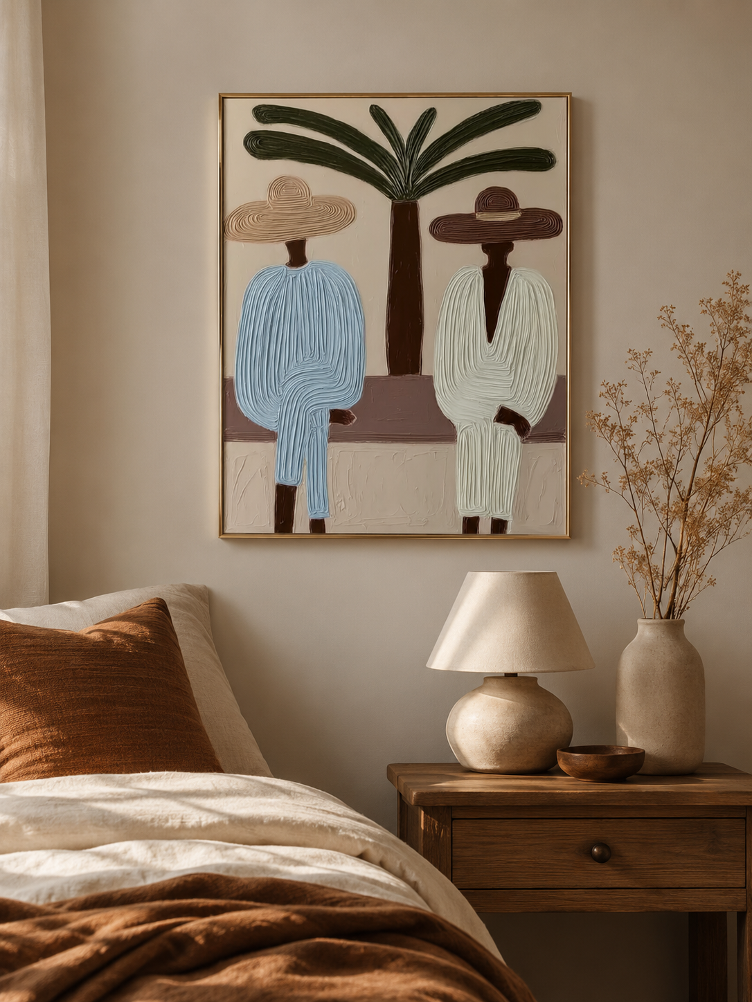 Abstract Mediterranean Figure Painting With Palm Tree Textured Oil Art For Coastal Home
