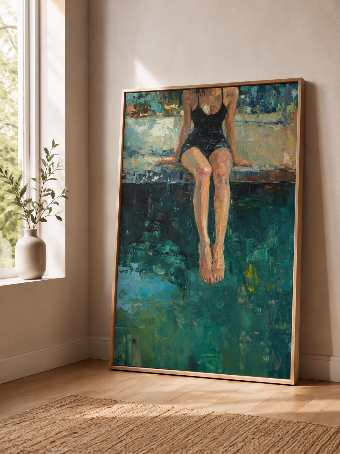 Original Figurative Oil Painting Of Woman By Pool With Rich Green Tones For Modern Home Decor