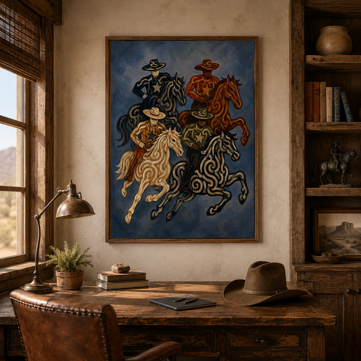 Cowboy And Horse Painting Hand-Painted Navy Blue Western Canvas Art