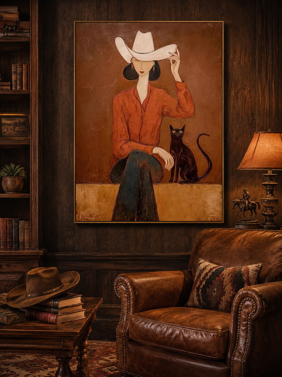 Modern Western Woman Oil Painting With Black Cat In Earthy Tones For Living Room Decor