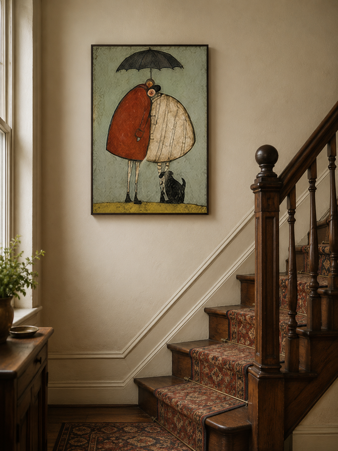Fantasy Love Oil Painting Of Couple And Pet In Square Format For Eclectic Interior Design