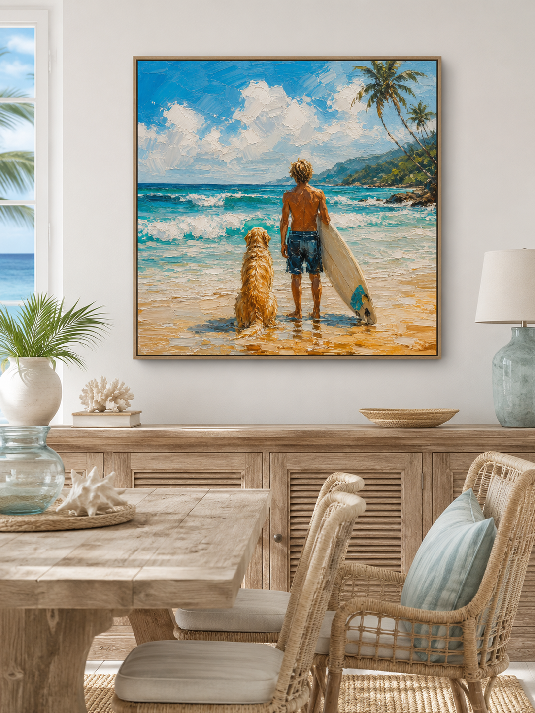 Surfer And Dog Beach Painting Textured Oil Art For Coastal Home Decor