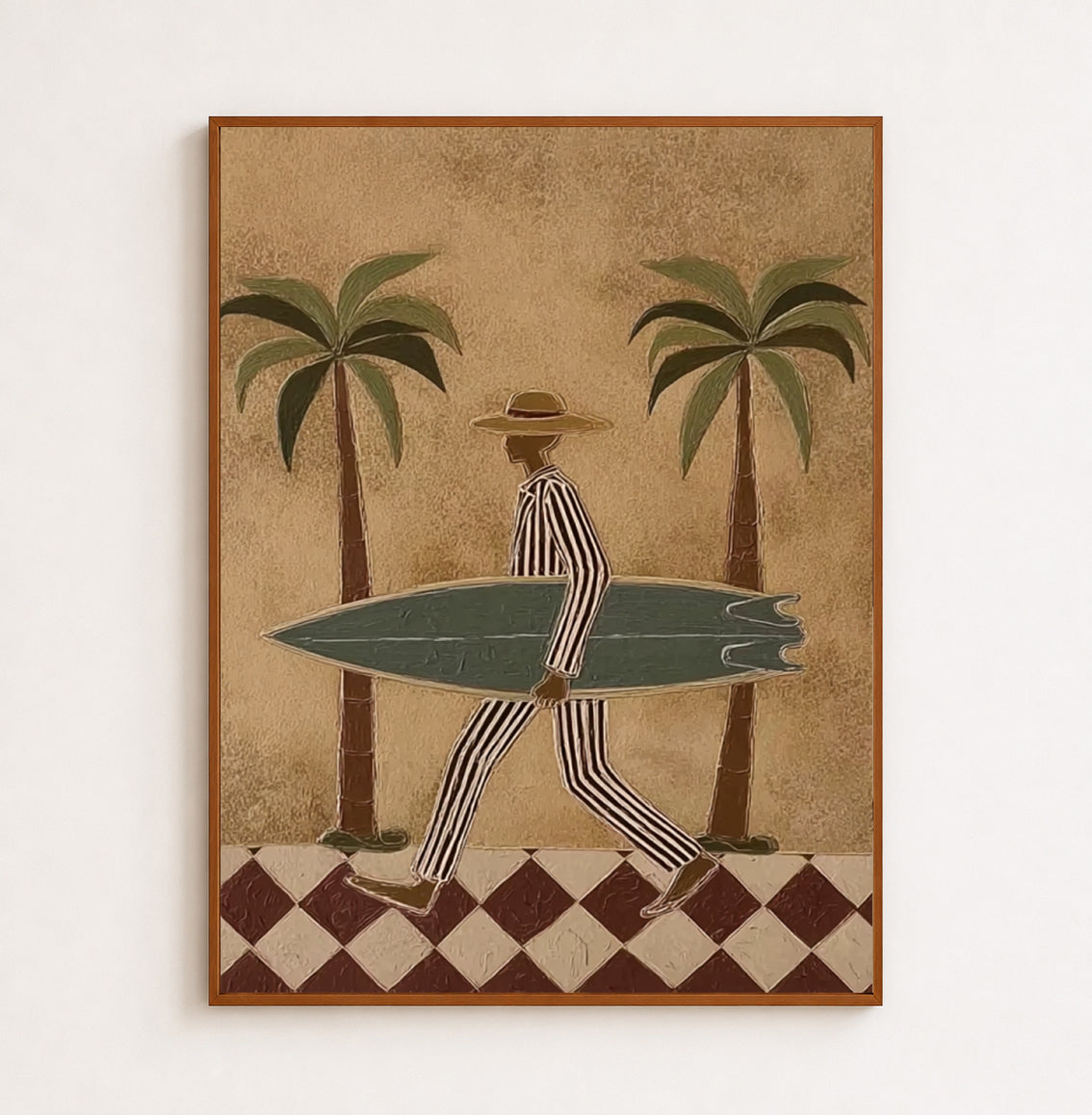 Vintage Surf Art With Brown Checkered Floor And Green Board For Beach Home Decor