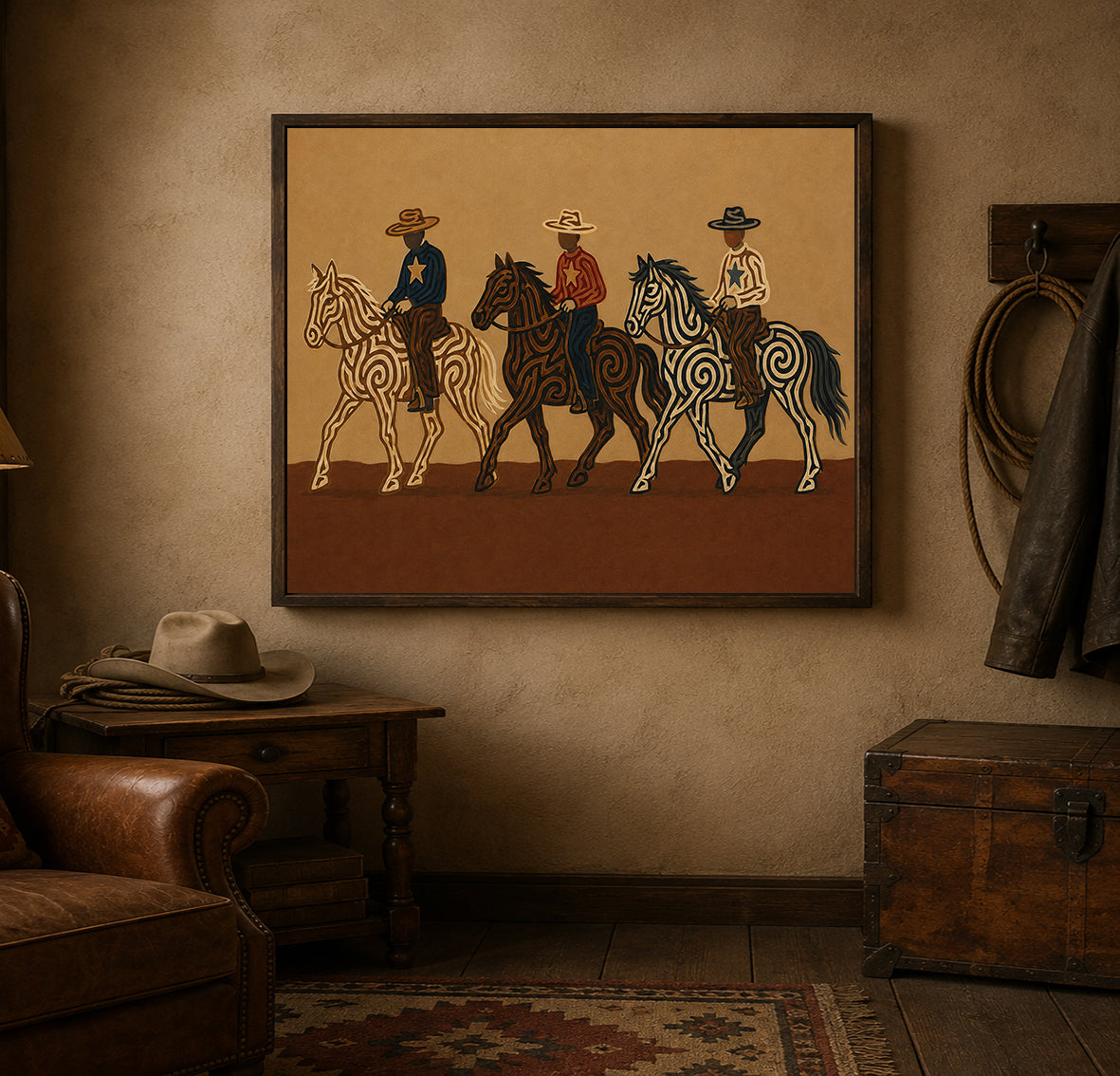 Three Cowboys Horse Painting, Western Ranch Riders, Earth Tone Southwestern Folk Art