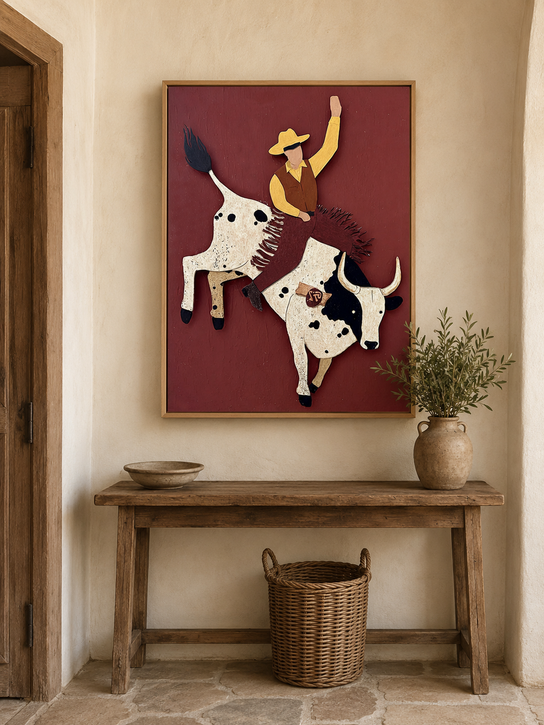 Bold Rodeo Bull Rider Abstract Art For Man Cave Office Wall Decor In Earth Tones