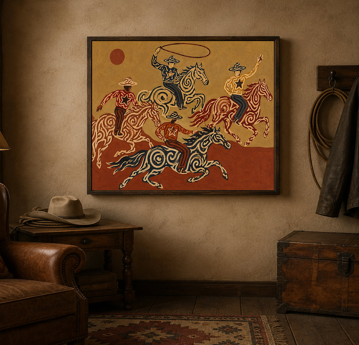 Cowboy And Horse Canvas Painting With Lasso For Western Home Decor