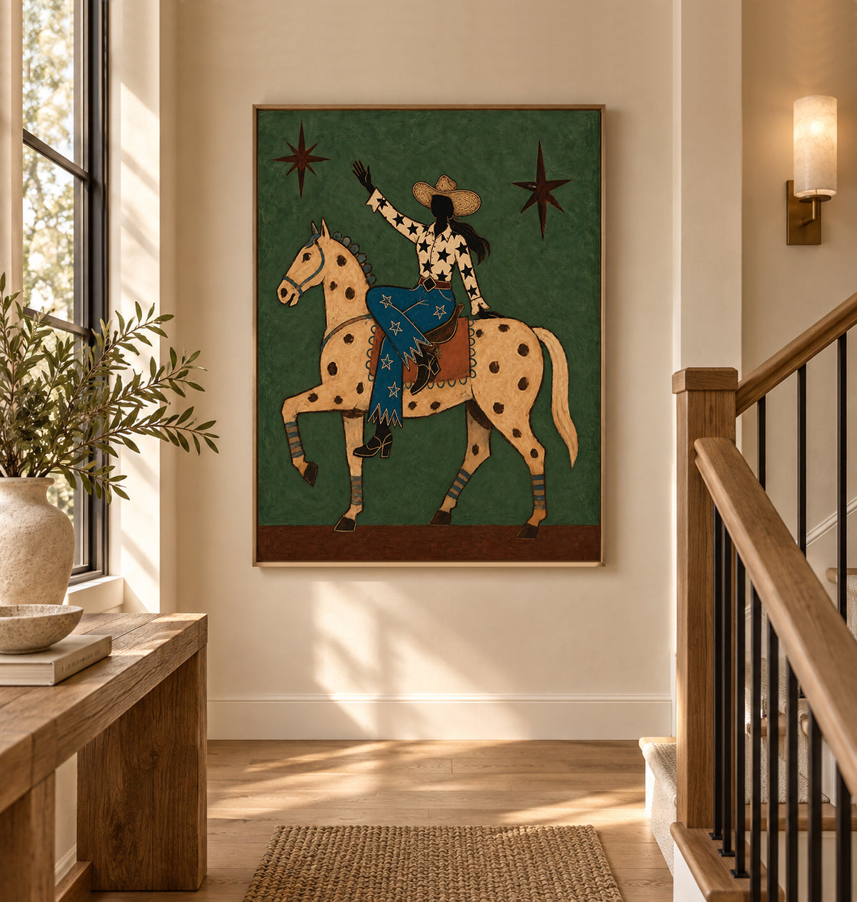 Cowgirl And Horse Canvas Painting With Star Pattern In Green