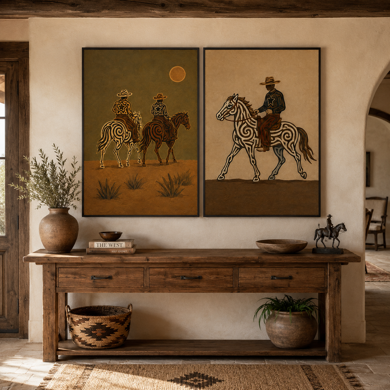 Vintage Sunset Desert Western Wall Art Set Of 2, Cowboy Riding Canvas Painting, Earth Tone Rustic Home Decor