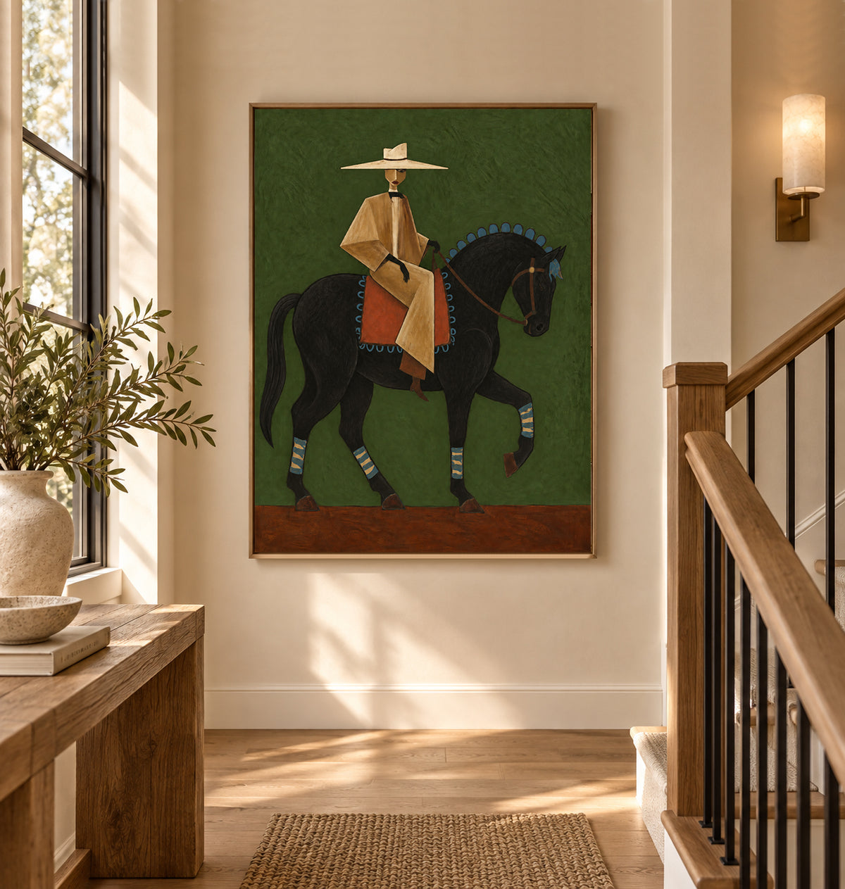 Green Background Fine Art Vintage Cowboy And Horse Canvas Painting Gentleman On Black Horse Canvas Art