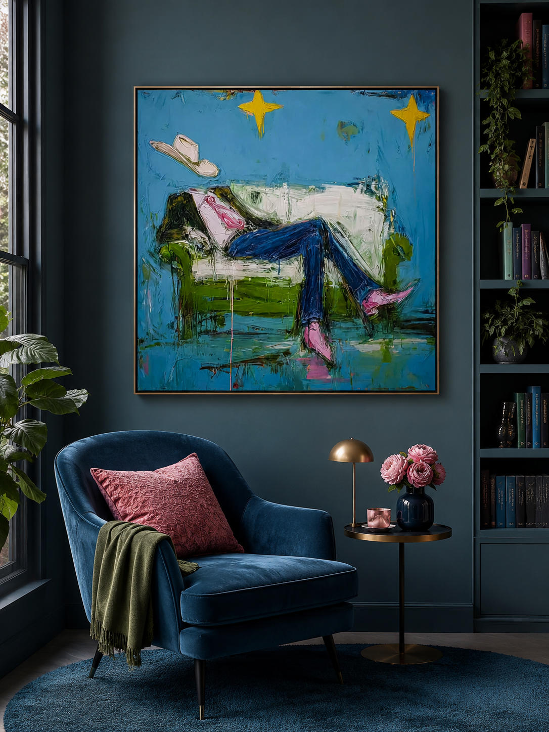 Surreal Cowboy Art With Stars And Green Sofa Modern Wall Decor For Living Room