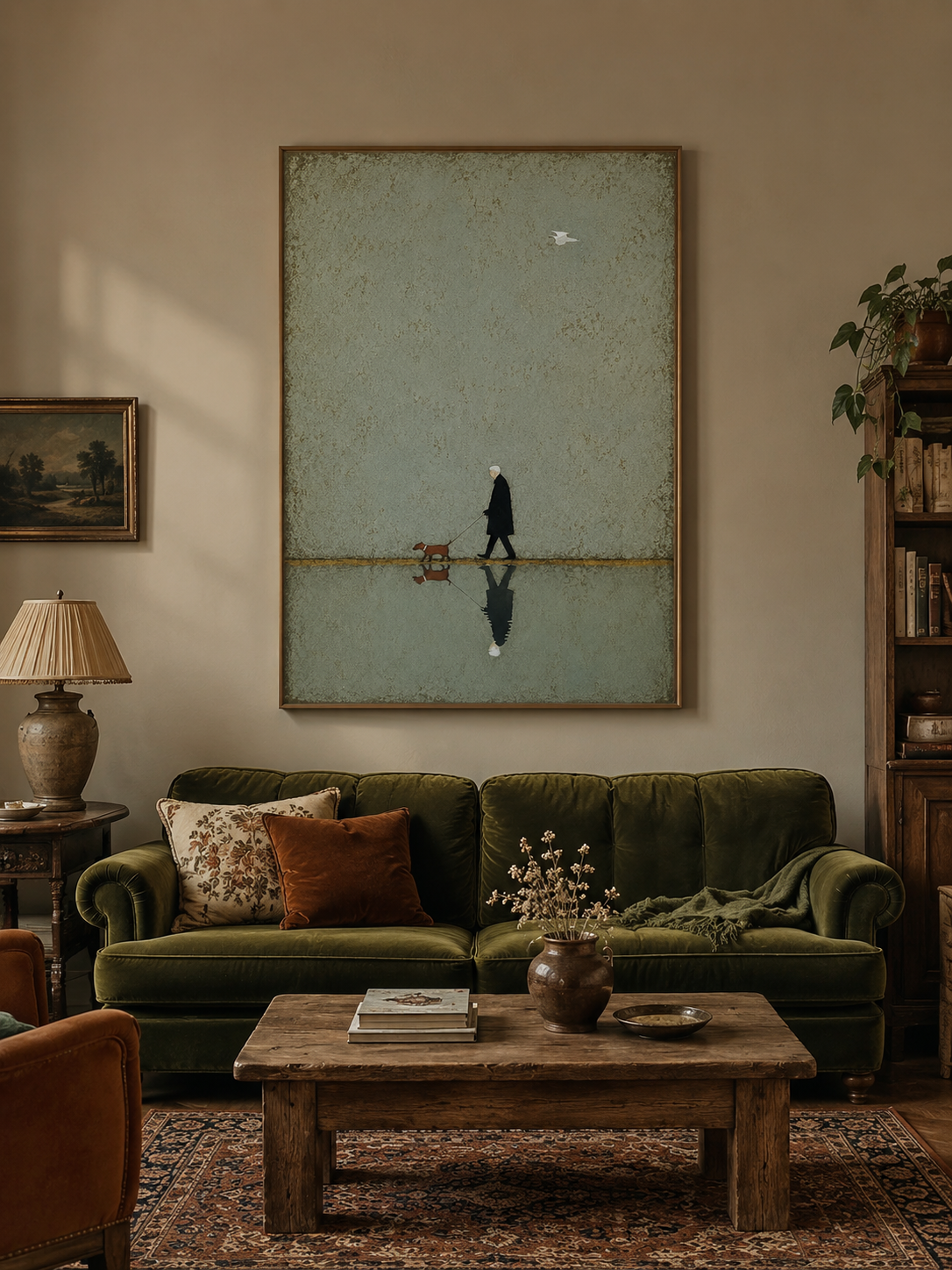 Abstract Figurative Painting Of Owner And Pet In Square Format With Sage Green Tones For Office