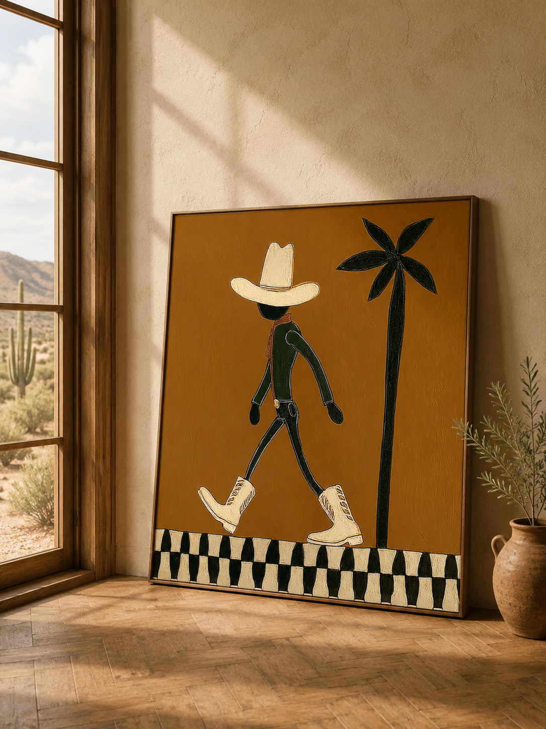 Vintage Cowboy Art With Palm Tree Minimalist Square Painting For Retro Home Decor