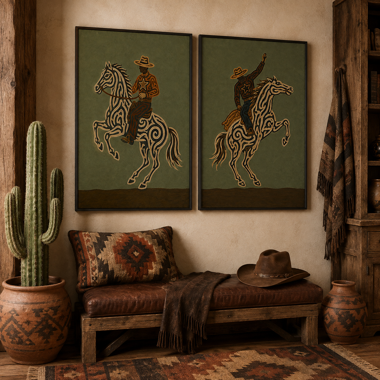 Vintage Western Cowboy Horse Art Olive Green Wall Decor For Living Room Rustic Home