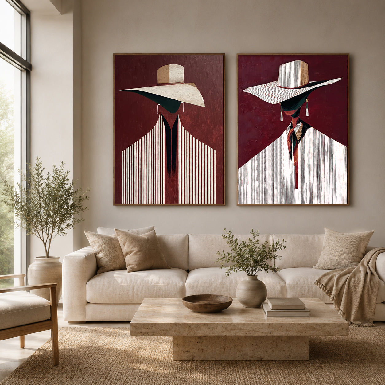 Modern Abstract Figure Painting With Hats Deep Red Background Diptych For Hallway
