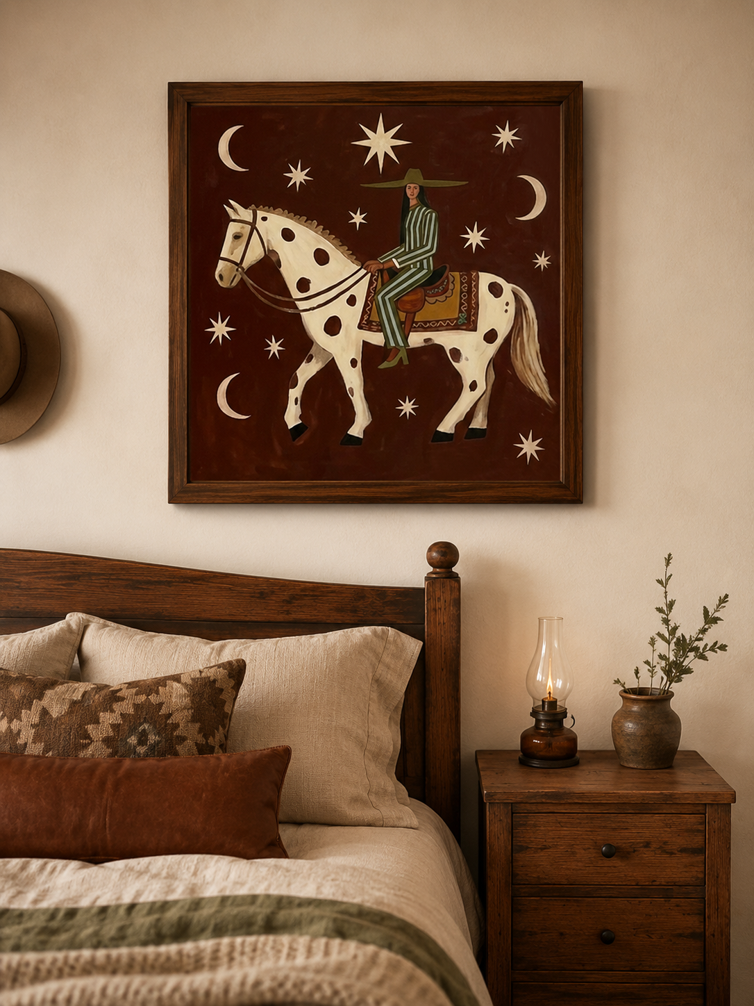 Whimsical Folk Art Painting Of Woman Riding Horse Under Stars For Living Room Decor