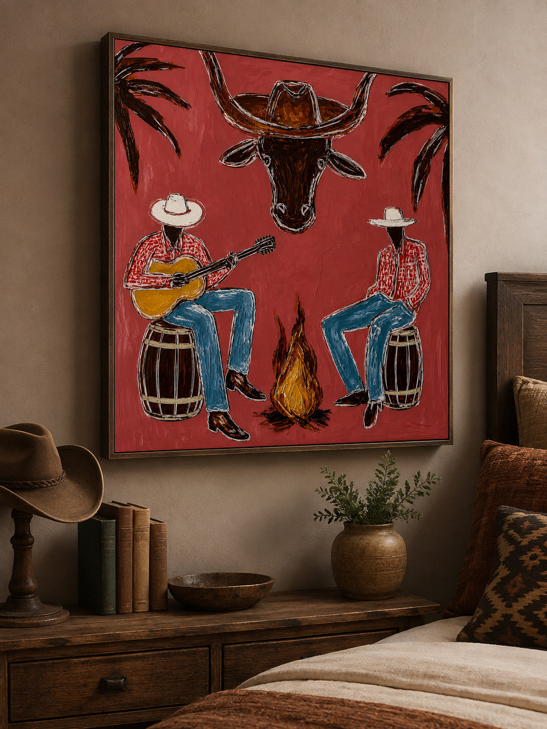 Cowboy And Longhorn Steer Canvas Painting With Campfire Scene Rustic Red Painting