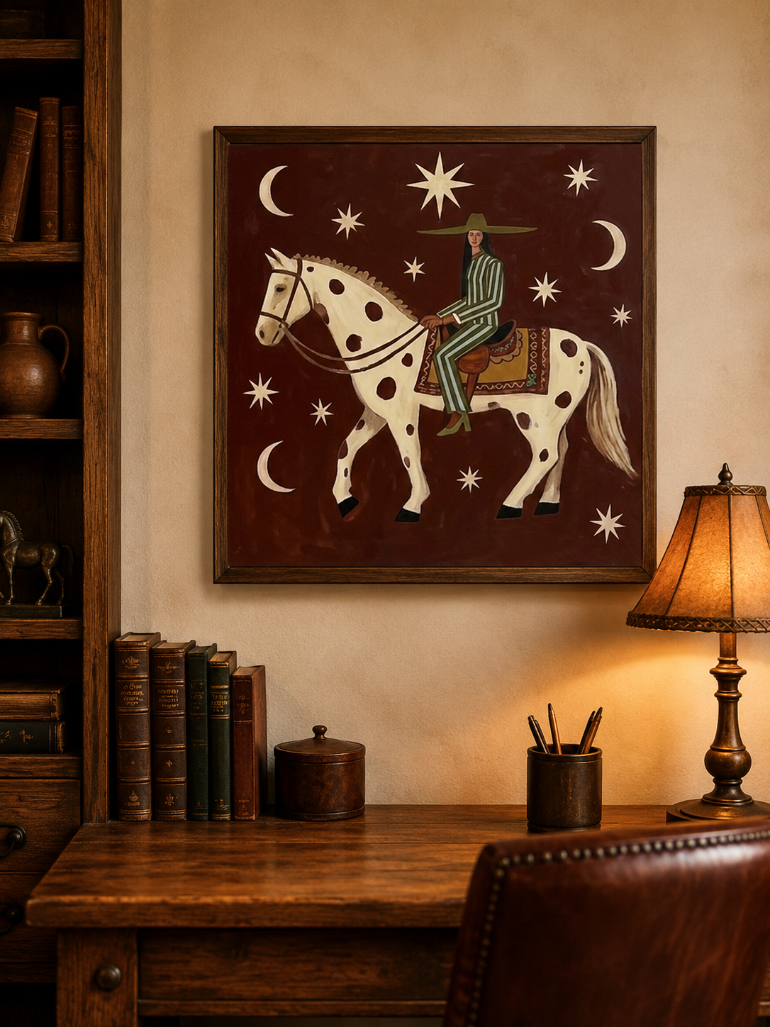 Whimsical Folk Art Painting Of Woman Riding Horse Under Stars For Living Room Decor