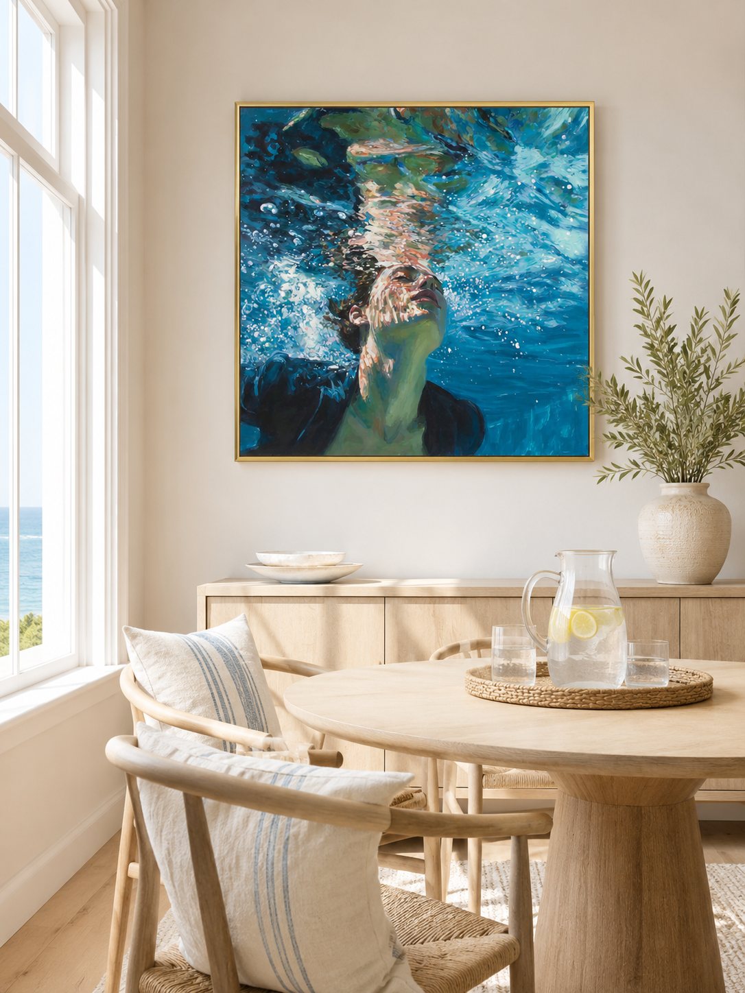 Modern Underwater Figure Painting With Bubbles And Blue Waves For Living Room Decor