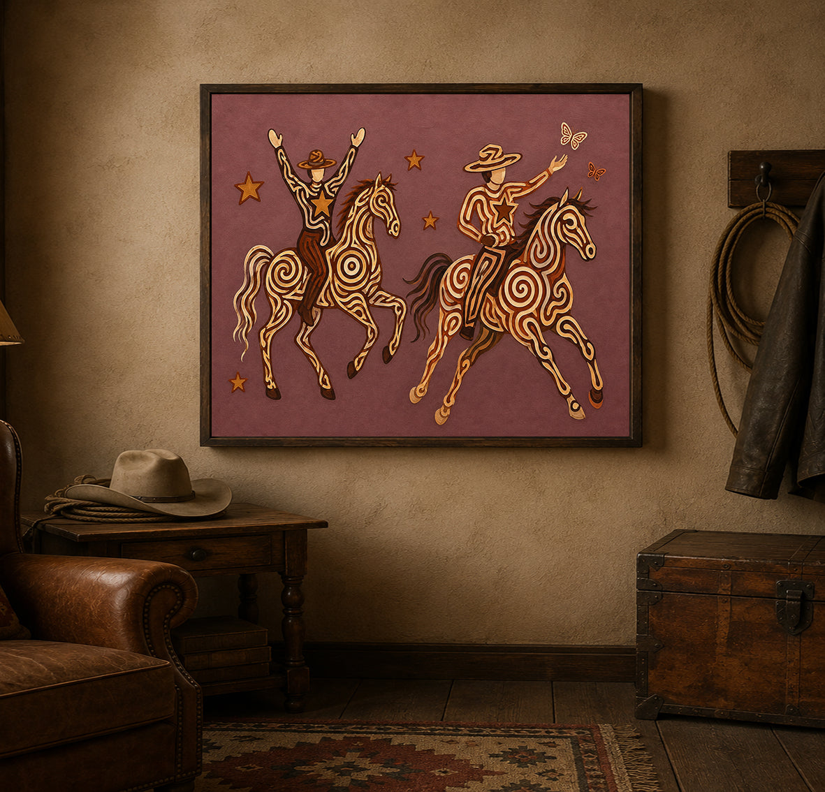 Whimsical Cowboy Cowgirl Painting, Pink Western Horse Art, Southwestern Folk Decor
