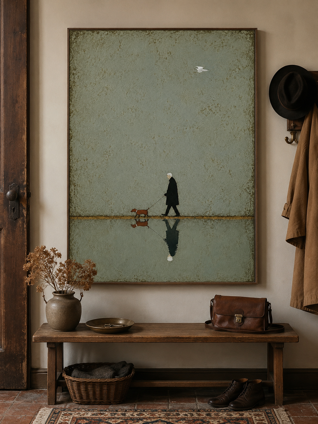 Abstract Figurative Painting Of Owner And Pet In Square Format With Sage Green Tones For Office