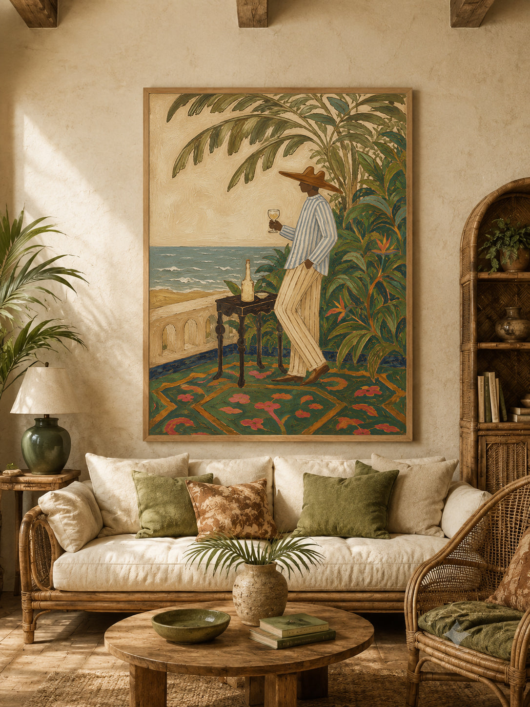 Mediterranean Wine Art Man By Sea Vintage Wall Decor For Dining Room Original Oil Painting On Linen Canvas