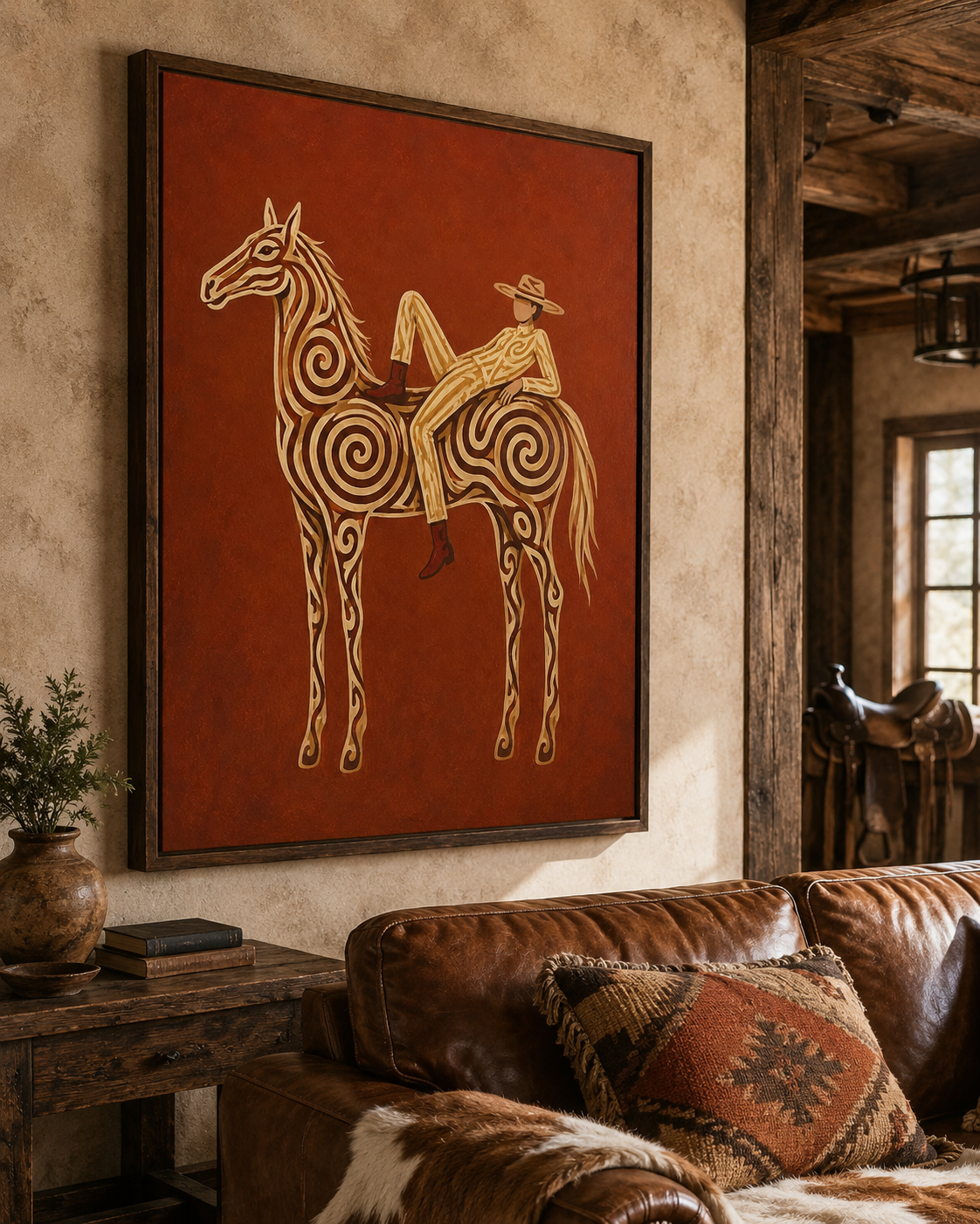 Neutral Earth Tone Cowgirl Wall Art, Terracotta Horse Canvas Art, Boho Western Home Decor