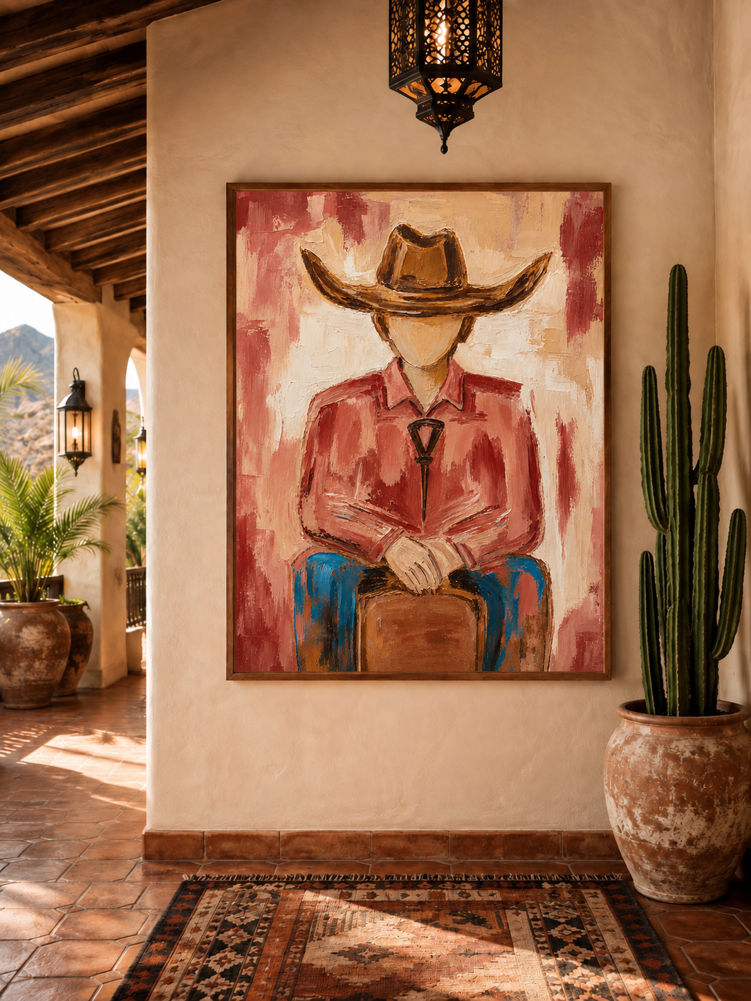 Cowboy Portrait Canvas Painting With Red Shirt And Hat Original Hand-Painted Wall Art