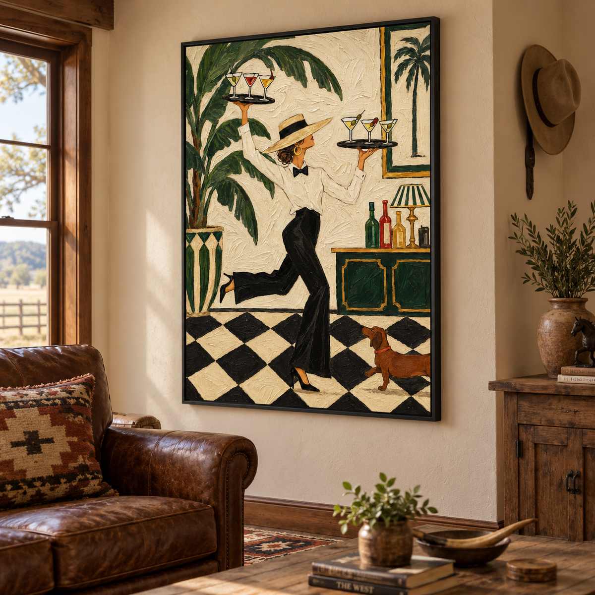 Vintage Waitress With Cocktails Art Deco Canvas Painting For Home Bar Decor