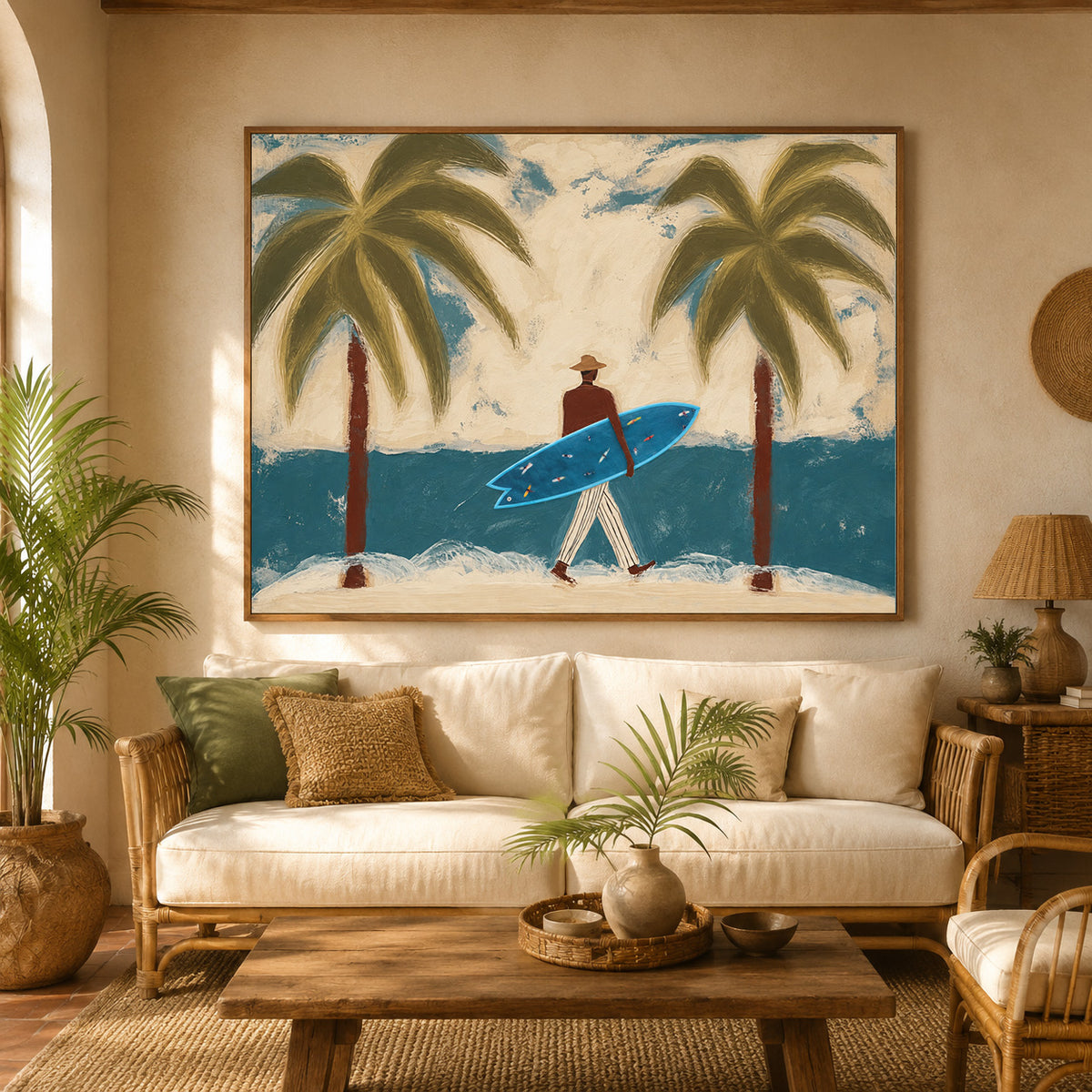 Surfer With Blue Board Vintage Beach Canvas Painting Hand-Painted Wall Art For Coastal Decor