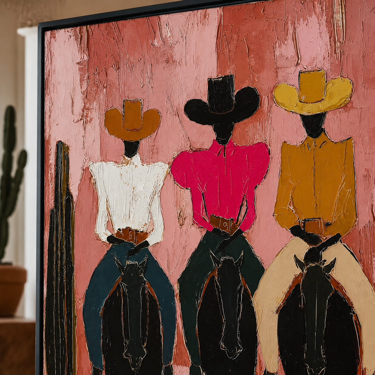 Modern Pink Desert Cowboy Painting With Cactus Canvas Art For Living Room Wall Decor