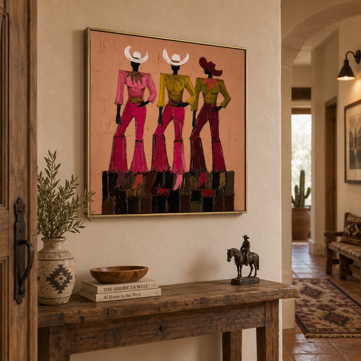 Vintage Cowgirl Wall Art,Pink And Green Cowgirl Canvas Painting, Trendy Country Aesthetic Home Decor