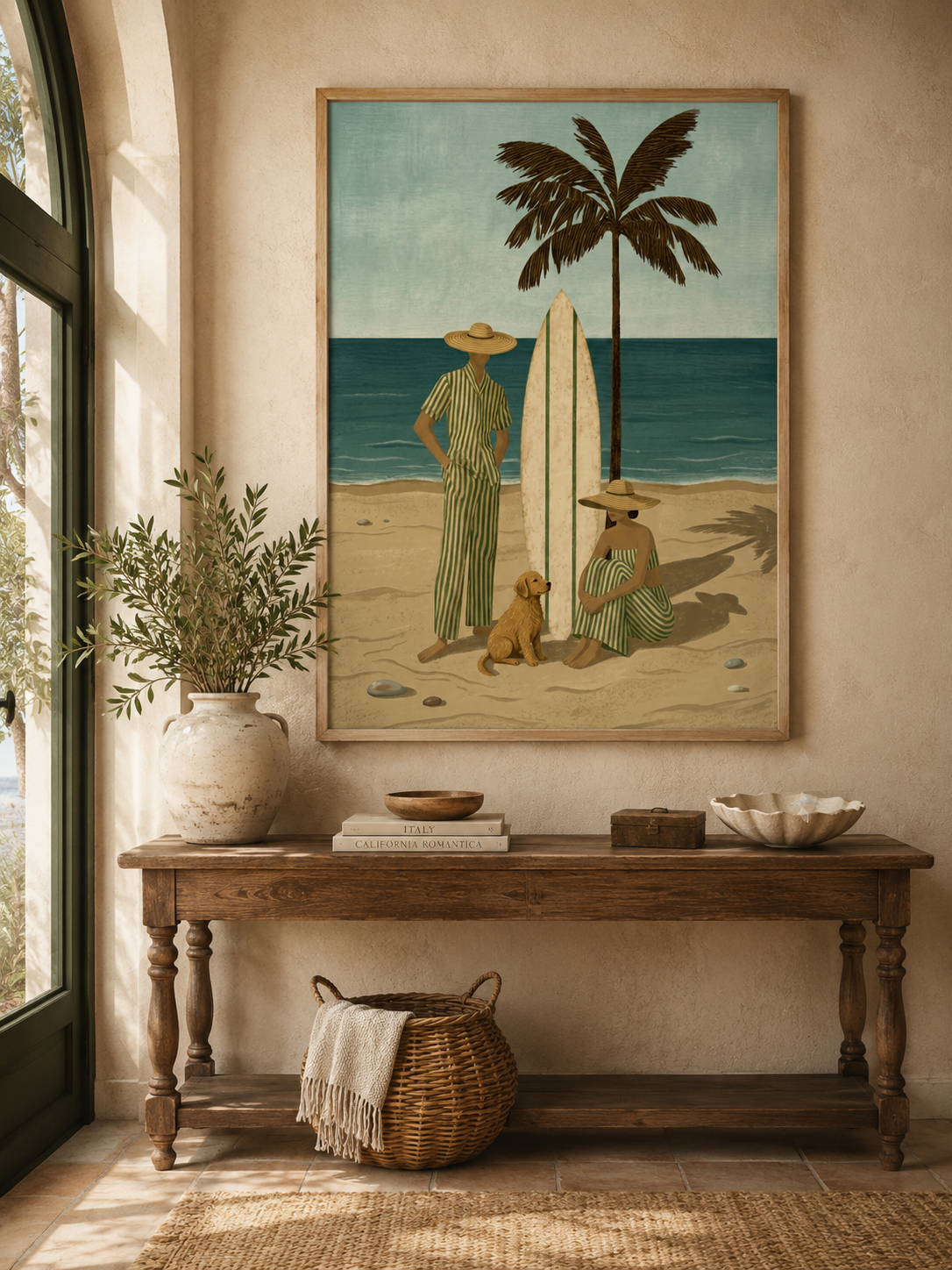 Vintage Surfboard Dog Painting For Coastal Living Room Retro Beach Wall Art