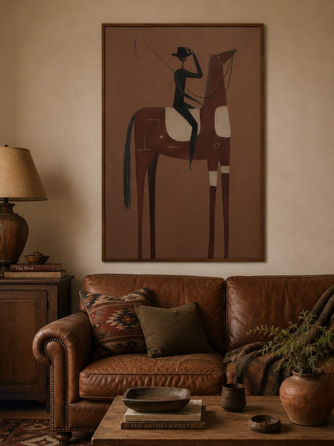 Minimalist Brown Horse Painting With Rider For Living Room Decor