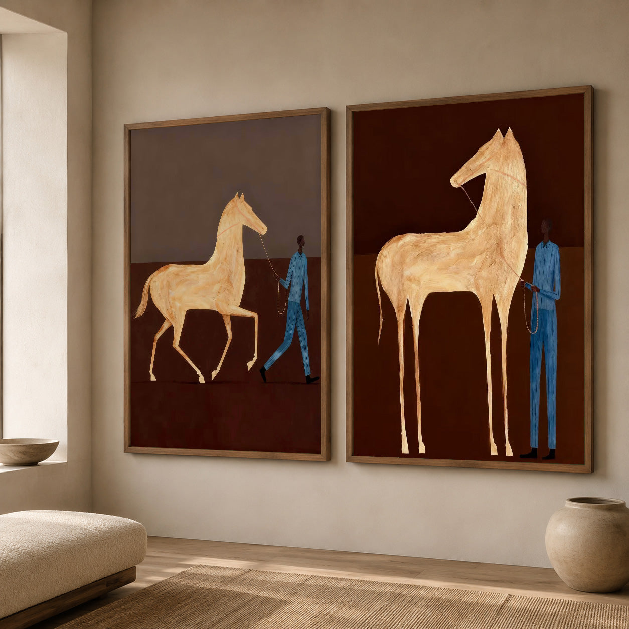 Vintage Brown Horse Painting Set With Blue Figure For Modern Home Decor